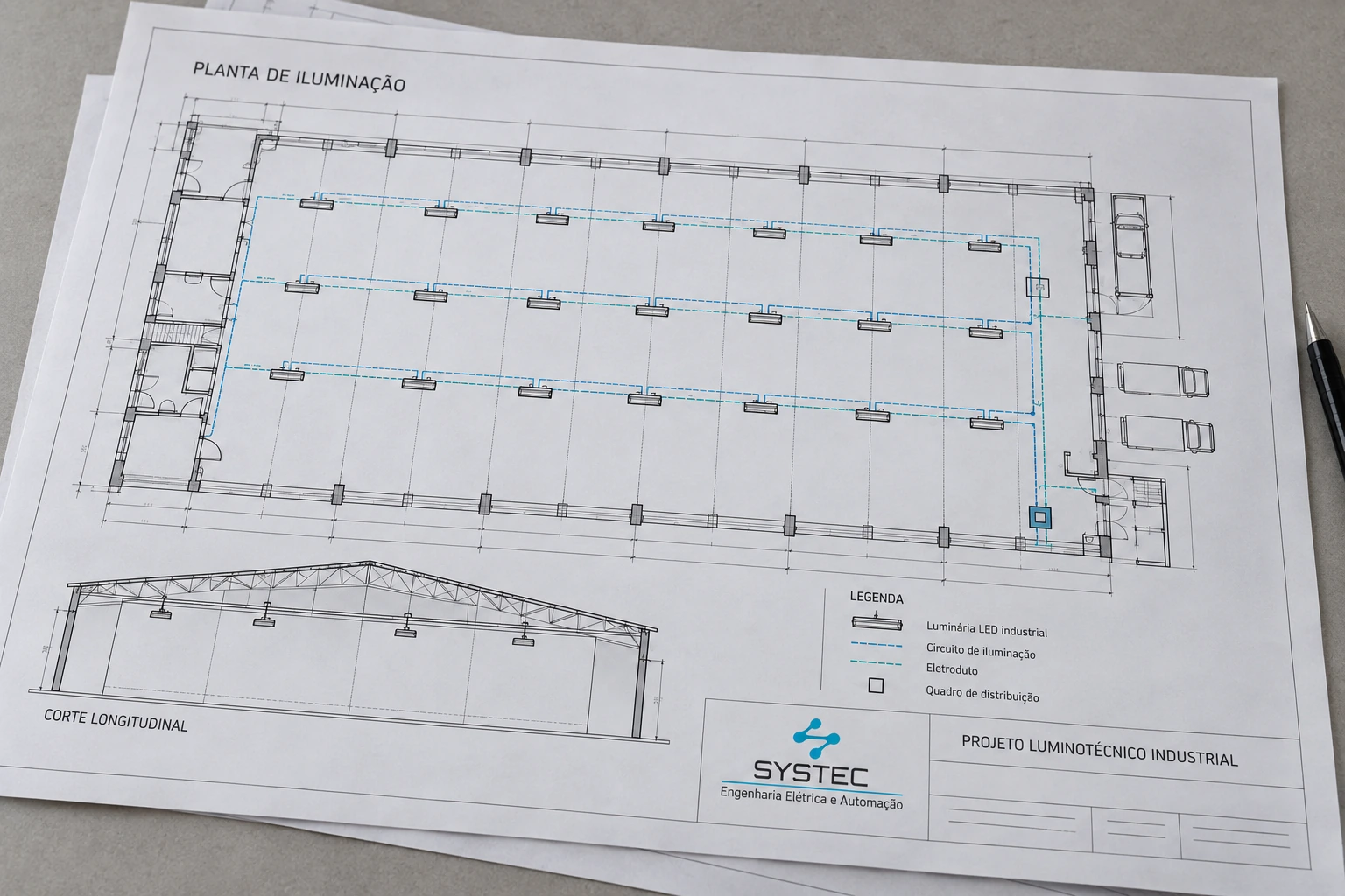 Distribuição dos pontos de iluminação e documentação técnica.