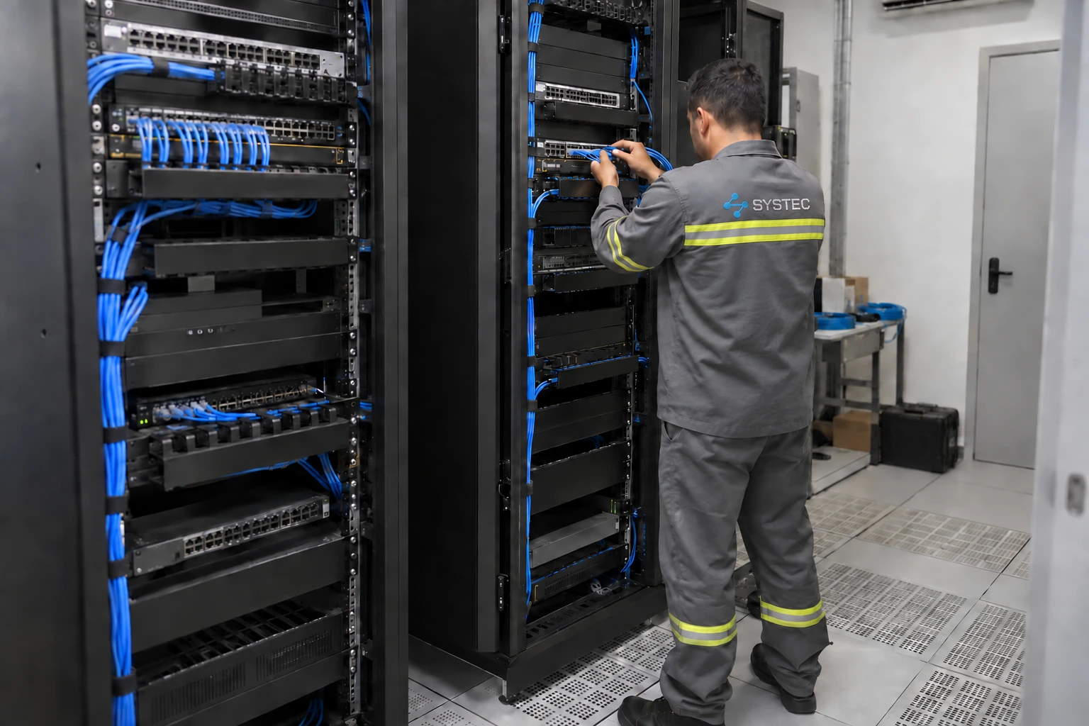 Racks, patch panels e organização das conexões de rede.
